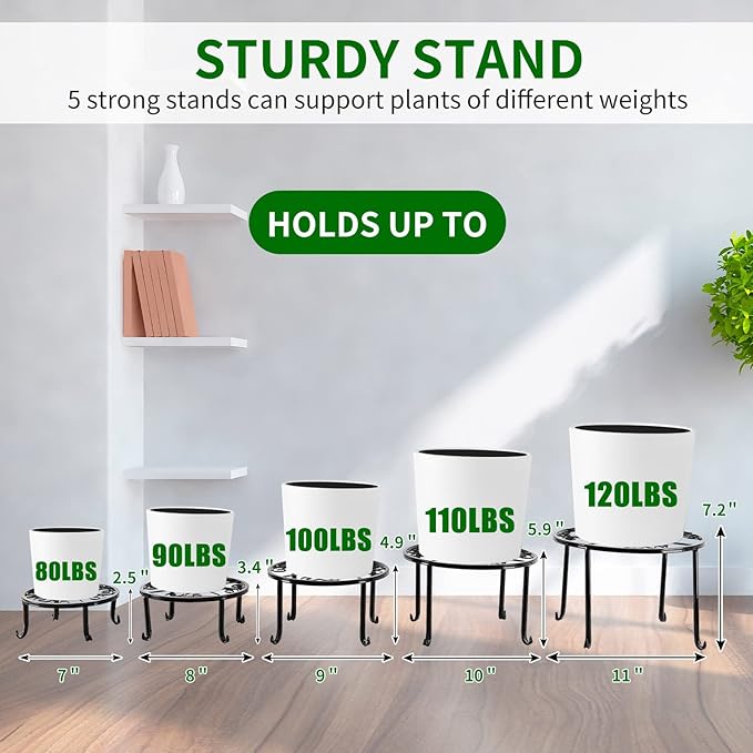 5 packs Rustproof Metal Plant Stands for Multiple Plant, Heavy Duty Plants Holder Outdoor Indoor, Round Wrought Iron Flower Planter Pot Stand, Corner Gardening Pumpkin Stand Black