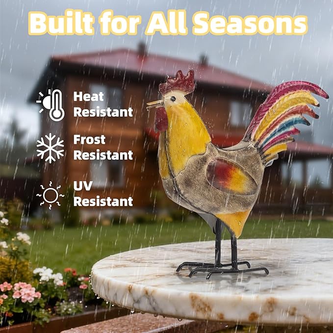 MODE HOME 2 Piece Metal Rooster Yard Decor Set, 12" Outdoor Chicken Statue for Garden, Farmhouse and Patio, Hand-Painted Metal Chicken Figurine, Rustic Chicken Yard Art and Outdoor Rooster Decor