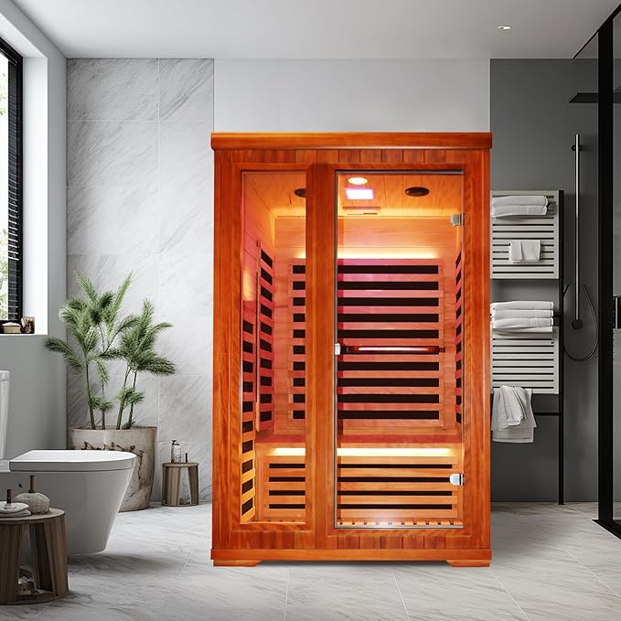 Far Infrared Home Sauna 2 Person Indoor Sauna Dry Wood Spa Room 1880W 110V with Red Light Control Panel, Bluetooth Speaker, Reading Lamp