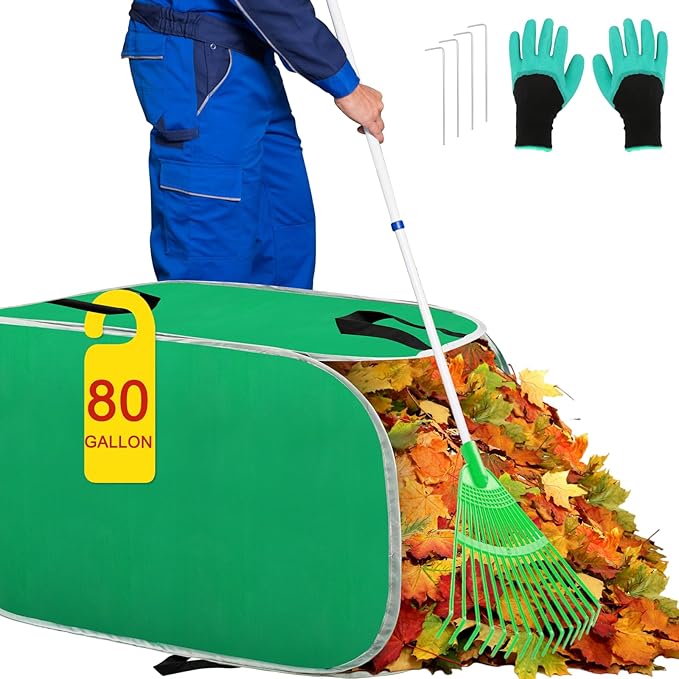 Hysagtek Upgraded Leaf Collector - 80 Gallon Portable Pop Up Leaf Bags, Foldable Reusable Yard Garden Leaf Bag with Handles, Self-Standing Leaf Collector Bag for Leaves Lawn Trash, Comes with Gloves