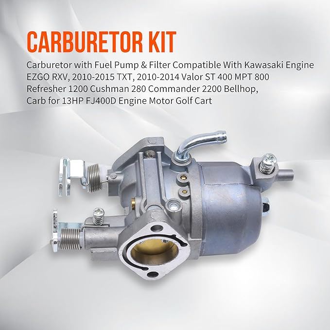 Carburetor with Fuel Pump & Filter Compatible With Kawasaki Engine EZGO RXV, 2010-2015 TXT, 2010-2014 Valor ST 400 MPT 800 Refresher 1200 Cushman 280 Commander 2200 Bellhop, Carb for 13HP FJ400D