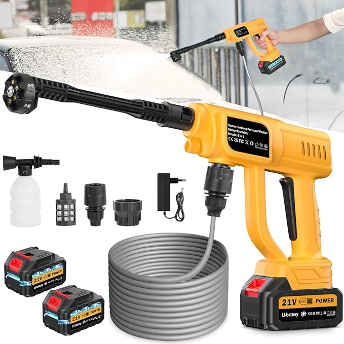 Cordless Pressure Washer Gun, Battery Pressure Washer 120Bar/1700 PSI Cordless Pressure Portable Washer, with 3.0Ah Battery&Charger & 6-in-1 Nozzle, Cordless Washer Gun for Cars/Floors/Gardens