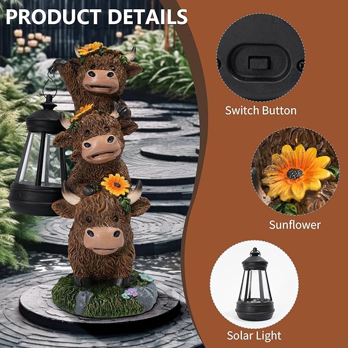 Solar Three Highland Cow Statues Outdoor Garden Decor with Latern Funny for Yard Lawn Ornaments Porch Patio Balcony Home Birthday Easter Gifts for Women Grandma Mom