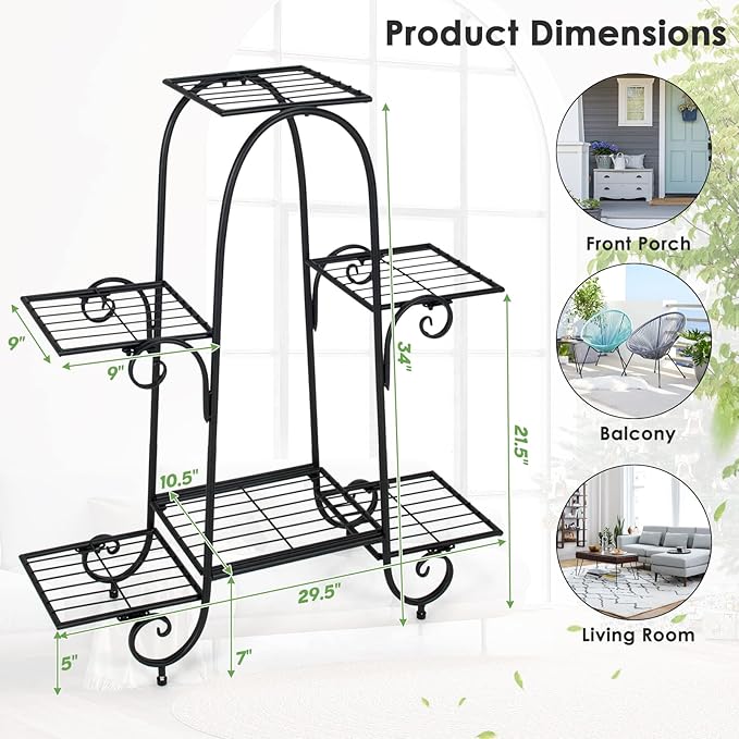 S AFSTAR 6-Tier Metal Plant Stand, Heavy-Duty Plant Display Stand Rack w/ Adjustable Footpads, Slatted Support Panel, Elevated Base, Decorative Flower Potted Holder Rack for Balcony, Living Room, Easy Assembly