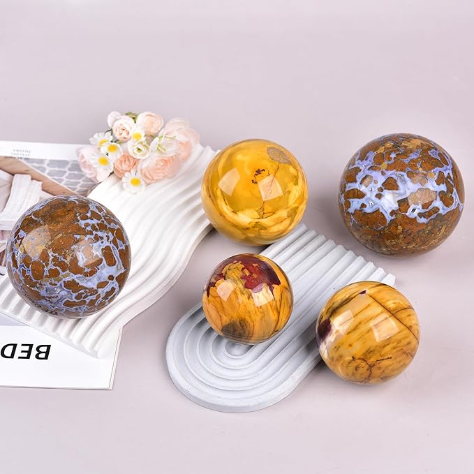 JIC Gem Natural Healing Crystal Sphere Ball Yellow Agate Crystal Decorative Ball with Display Stand Chakra Meditation Fengshui (80-90mm)