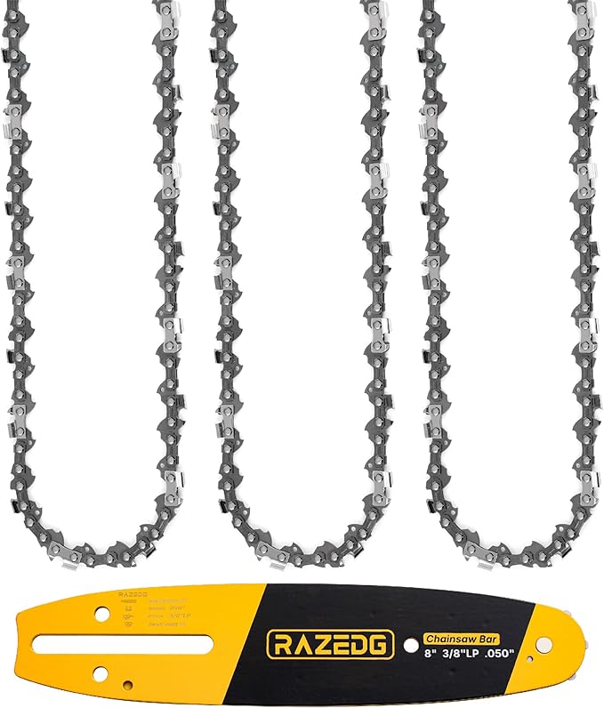 8 Inch Chainsaw Bar and Chain Combo, 3/8" LP Pitch, 050" Gauge, 33 Drive Links Fits Greenworks, Sun Joe, Chicago, Portland, Kobalt, Earthwise and More (1 Bar + 3 Chains)