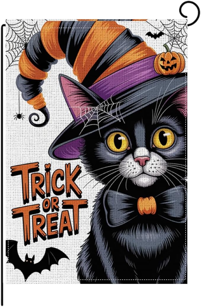 HTBIG Halloween Black Cat Garden Flags, Halloween Trick or Treat Decor, Yard Flags for Outside 12x18 inch, Outside Yard for Home Decorations
