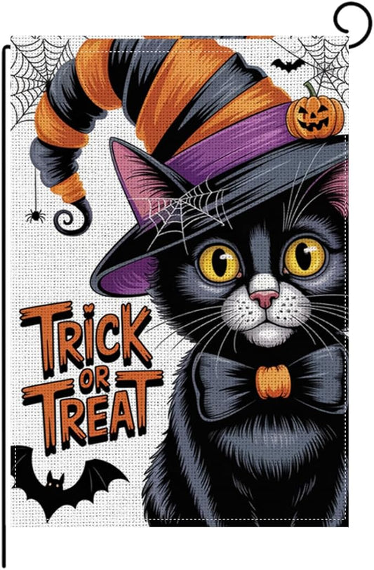 HTBIG Halloween Black Cat Garden Flags, Halloween Trick or Treat Decor, Yard Flags for Outside 12x18 inch, Outside Yard for Home Decorations