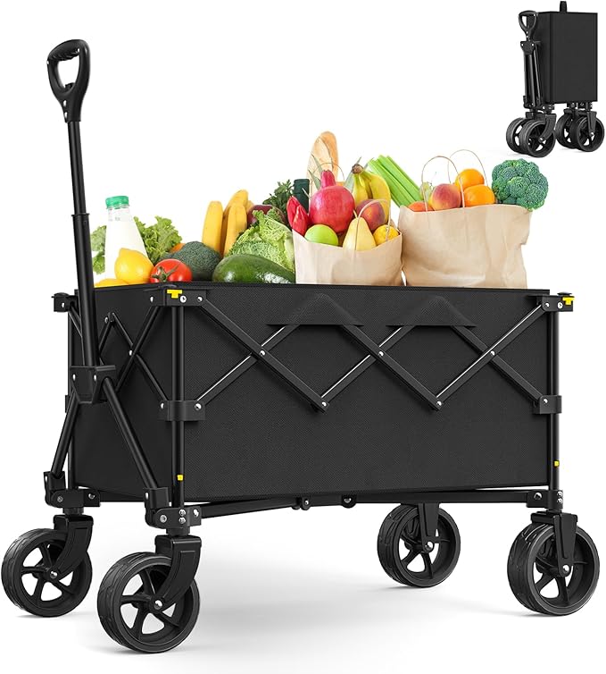Collapsible Wagon with Wheels,220 lbs Capacity Heavy Duty Wagons Carts with Flexible Handle,Lightweight Portable Folding Utility Cart for Grocery Shopping,Camping,Garden,Sports