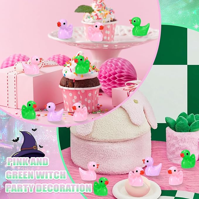 240 Pcs Witch Theme Mini Resin Ducks Miniature Green and Pink Tiny Small Duck Figurines Bulk for Birthday Party Favor Gift DIY Craft Dollhouse Garden Decor