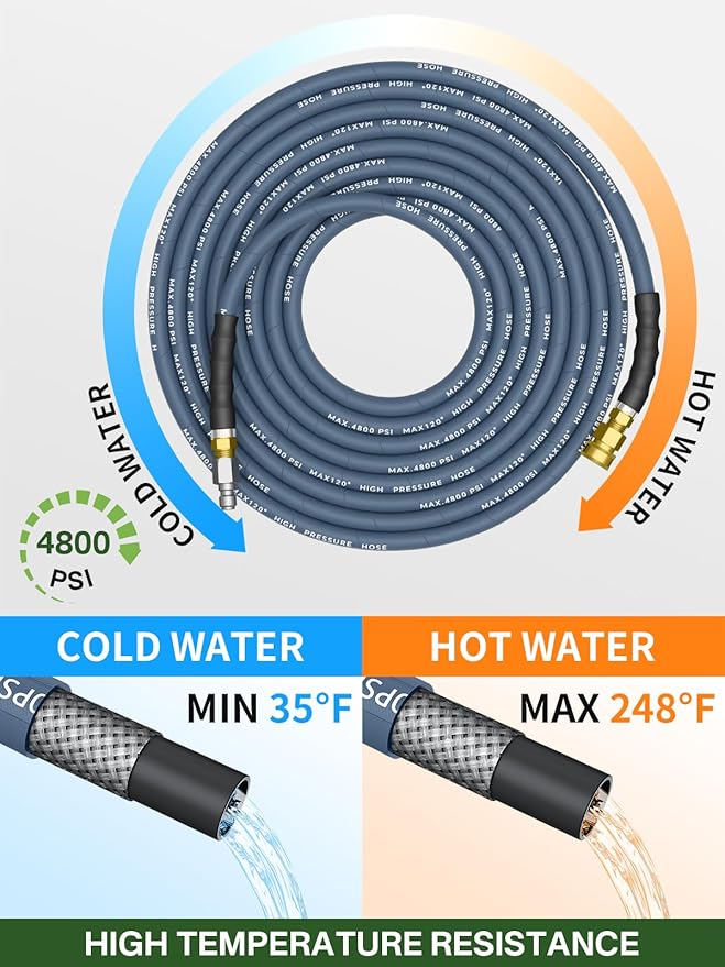 3/8" 4800PSI Pressure Washer Hose 50FT with Swivel Quick Connect for Cold/Hot Water Max 248°F, Kink Resistant Steel Wire Braided, Wear Resistant Power Washer Hose with M22 14mm Adapter