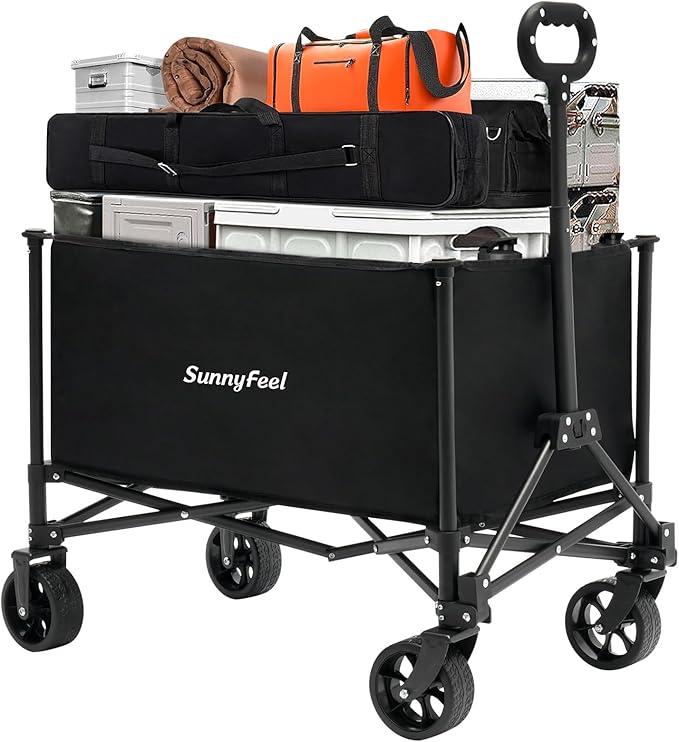 SUNNYFEEL Collapsible Wagon Cart with Wheels Foldable - 176lbs Standard Borderless Version Wagon Carts for Grocery Sports Garden Shopping Camping(Black, 164L)