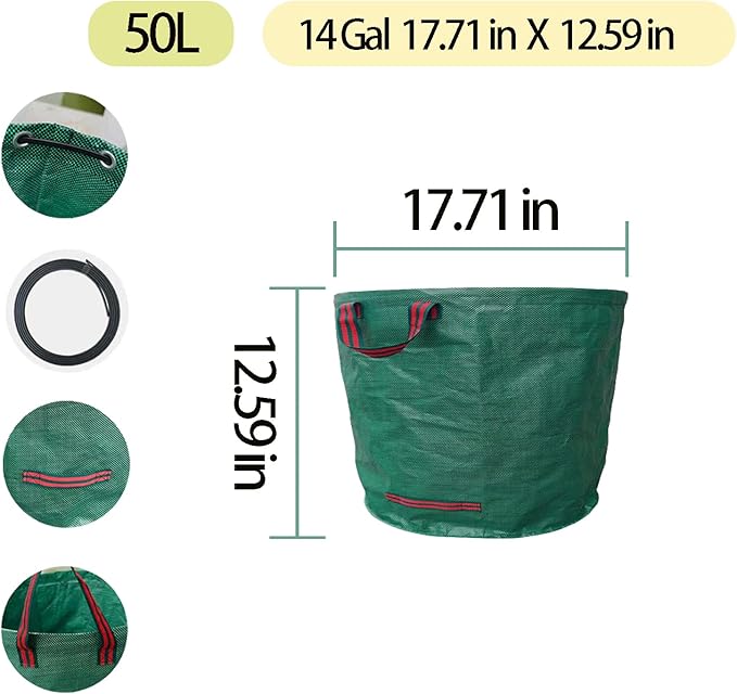 Reusable Yard Waste bags,Collapsible Leaf Bag with Gardening Gloves,Yard Debris Collapsible Bag With 4 Handles, for Leaves, Lawn Debris & Grass Clippings (14Gallon)