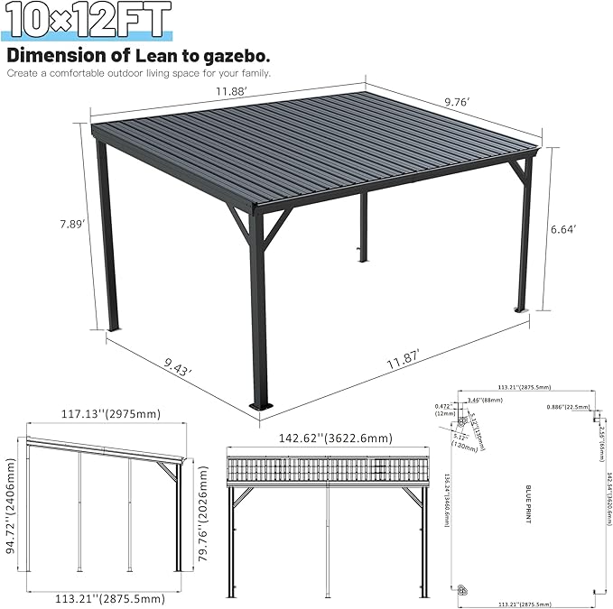 Domi 10’x12’ Lean-to Gazebo, Hardtop Wall-Mounted Gazebo Pergola with Sloping Galvanized Steel Roof and Upgraded Drainage System, Outdoor Permanent Metal Shelters for Patio Backyard Deck, Grey