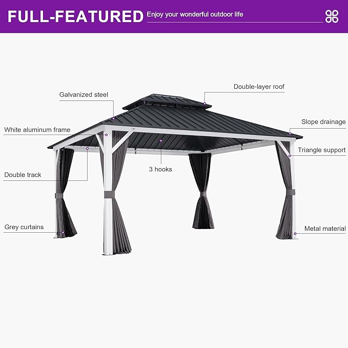 PURPLE LEAF 12' X 14' Outdoor Gazebo Hardtop, Metal Roof White Aluminum Frame Gazebo with Curtain and Netting for Patio, Garden and Backyard