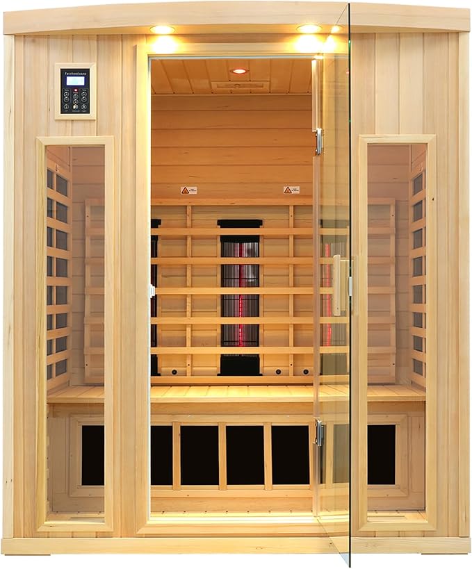 Ceramic Infrared Sauna 3 Person, Infrared Saunas for Home, Low EMF Far Infrared Sauna, Indoor Home Sauna Spa, Hemlock Wooden Sauna with Bluetooth Speaker, Chromotherapy Lamp, 2050W