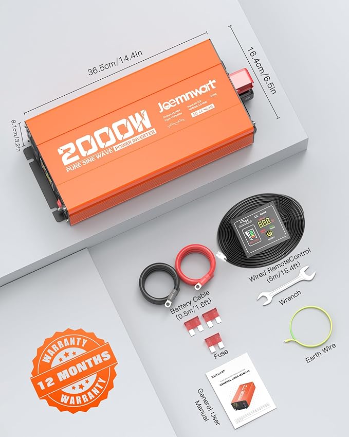 2000W Pure Sine Wave Power Inverter 12V DC to 110V AC Converter for RV Truck Off-Grid Solar Inverter with 2 Quick Charging USB Ports,Dual AC Outlets,LCD Display and Remote Control