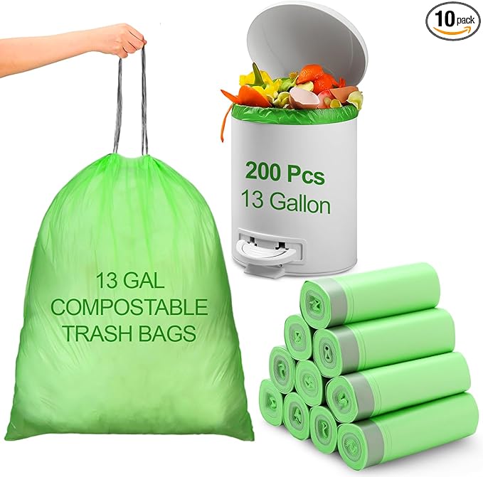 200 Count 13 Gallon Compostable Trash Bags with Drawstring Tall Kitchen Food Scrap Waste Bag Heavy Duty Extra Thick 1 Mil Tear Resistant for Lawn Yard Home Kitchen Office