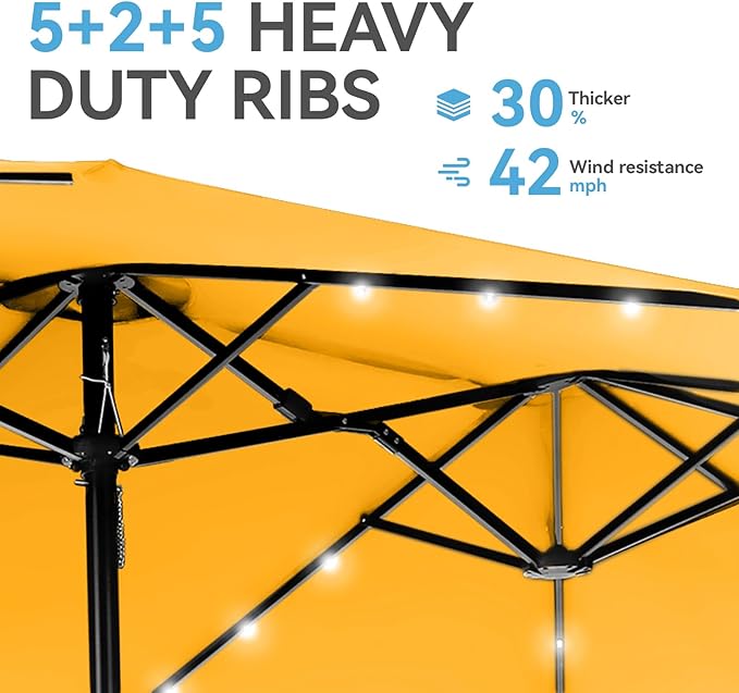 GREEN PARTY 15 ft Rectangle Patio Umbrella with Solar Lights and Base Included, Double-Sided Market Table Umbrella with Crank, Large Outdoor Umbrellas for Patio Poolside Garden Backyard, Gold Yellow