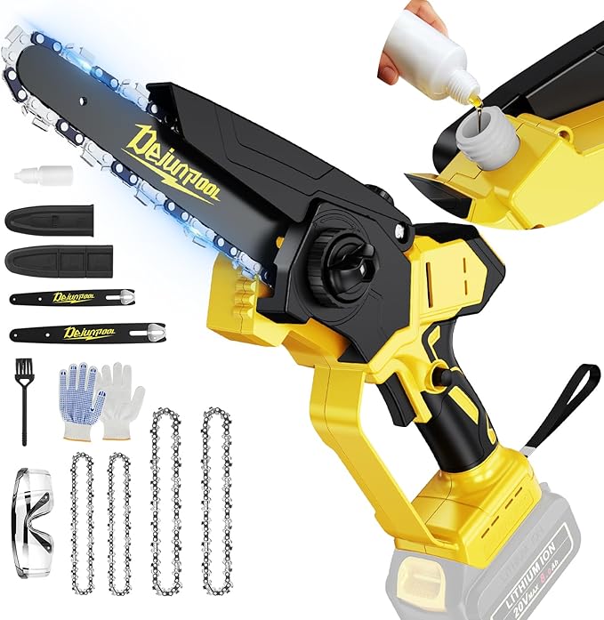 Cordless Mini Chainsaw Compatible with Dewalt 20V MAX Battery (NO Battery), 6 Inch & 8 Inch Small Electric Chainsaw Brushless, 2 x 6'' Chains + 2 x 8'' Chains, Auto Oiler, Handheld Pruning Chain Saw