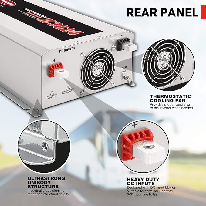 Tundra M Series M3024 Power Inverter Modified Sine Wave 3000W/ 24V DC to 120 V AC for Trucks, Buses & Coaches Features LCD Display Adjustable Battery Protection with Dual AC Outlets