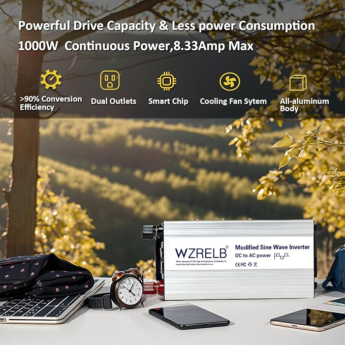WZRELB 1000W Power Inverter 12V DC to 110V 120V AC,2000W Peak Modified Sine Wave Car Inverter with LED Display,Dual AC Outlets,Soft Starter,Off-Grid Power Converter with High Efficiency up to 90%