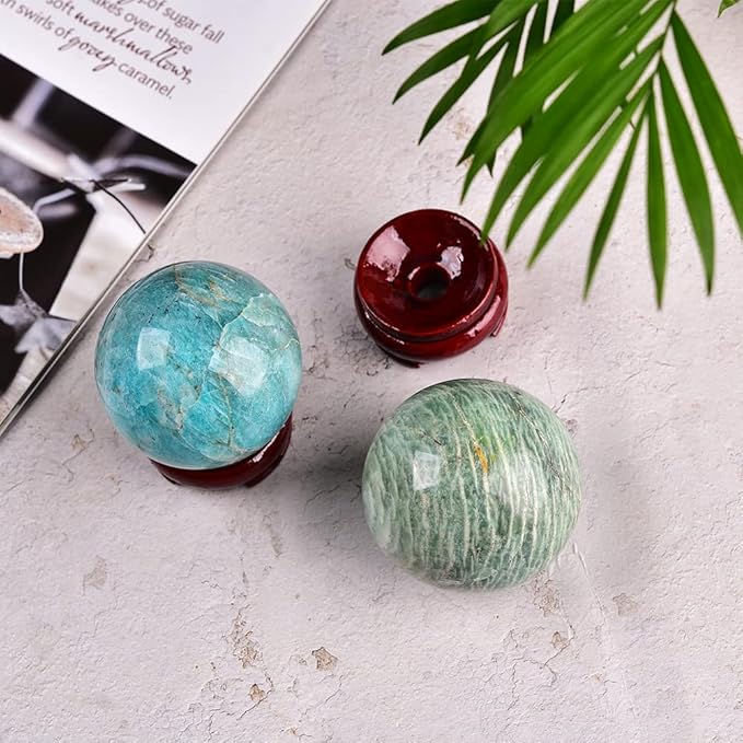 JIC Gem Natural Amazonite Crystal Ball with Wood Stand Gemstone Sphere, Polished Healing Energy Mineral Gemstone Balls for Reiki Chakra Decoration Fengshui (50-60mm)