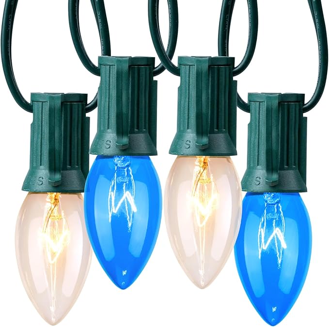 C9 Blue and Clear Christmas String Lights, Outdoor Christmas Lights String, Hanging Roofline Lights, Patio Lights for Outdoor Decor, Green Wire, 25 Feet