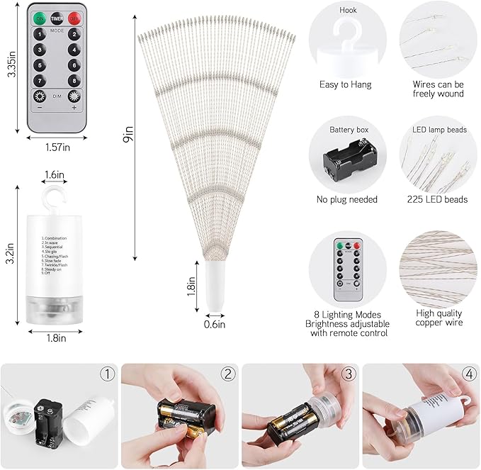 Admitrack Starburst String Lights Christmas Lights, 225 LED 8 Modes Dimmable with Remote Control, Waterproof Copper Wire Decorative Hanging for Party Patio Garden Decoration (White, 4PC)