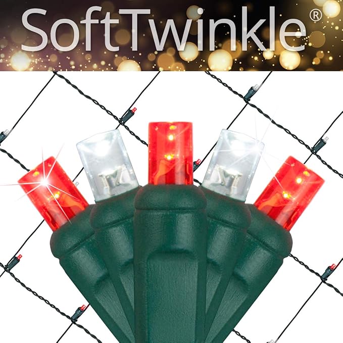 SoftTwinkle Pulsing Net Twinkle Lights, Net Lights Outdoor Twinkling Christmas Lights, Green Wire (70 Lights, 4’ x 6’ Net, Red/Cool White)