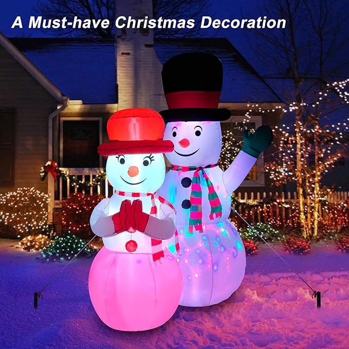 FirstE 7 FT Inflatables Snowman, St Patrick's Giant Blow Up Snowman Couple Built-in Rotating Colorful LED Light, Wear Magic Hats and Striped Scarfs, Decor for Outdoor, Yard, Lawn