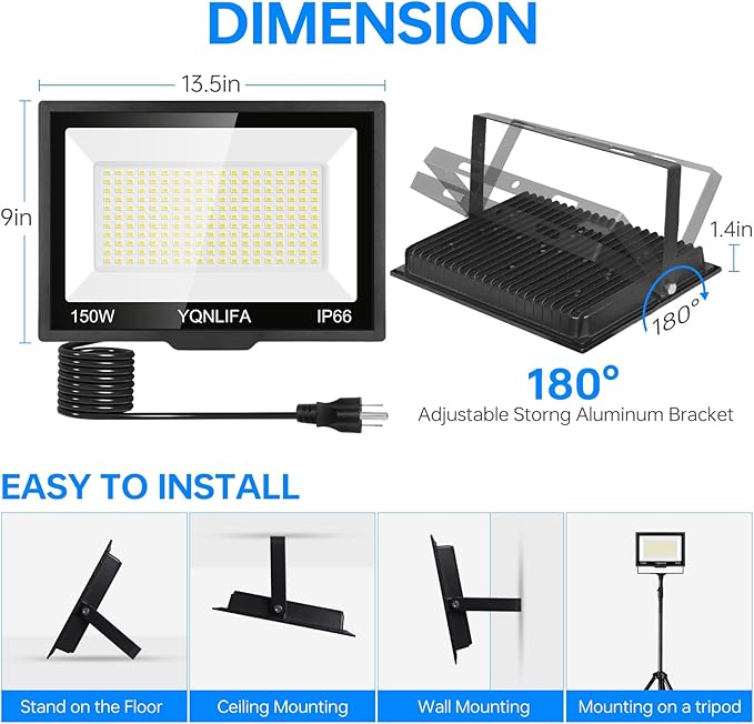150W Outdoor LED Flood Lights with 10FT Power Cord, 18000LM 5000K White Floodlight, IP66 Waterproof Plug in Flood Light Outdoor Yard Lights for Garden, Garage, Yard, Lawn, Stadium(2 Pack)