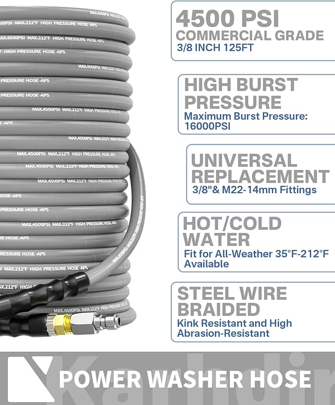 Pressure Washer Hose 125FT 3/8" for Cold and Hot Water 212°F, with Swivel Quick Connect, 4500PSI Kink Resistant Grade Steel Wire Braided, Power Washer Hose With 2pcs M22-14mm Adapter