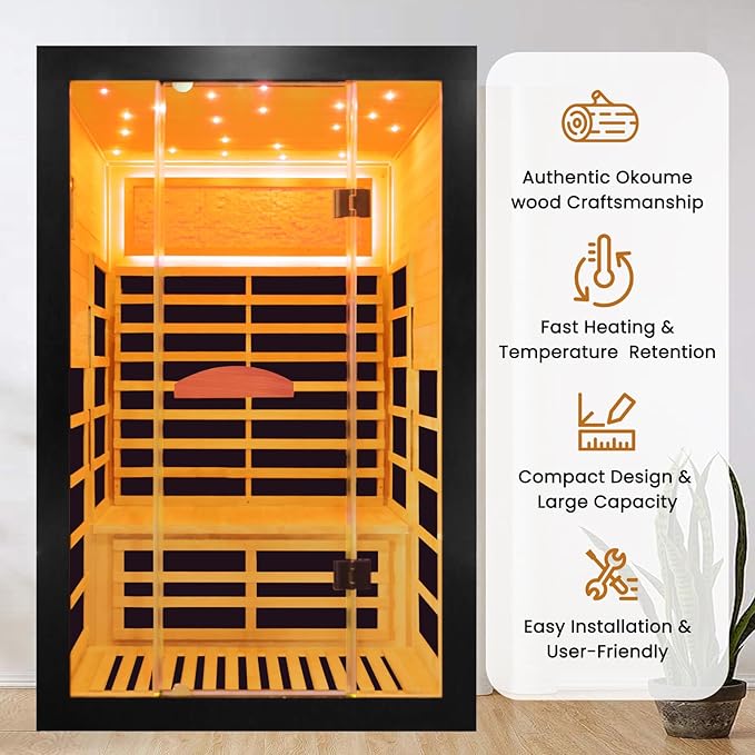 Far Infrared Sauna for Home 2 Person Sauna for Home Okoume Wood Red Sauna with Low EMF Infrared Sauna 2000W Dry Sauna 2 Person with 7 Colorful Light, Speaker and Tempered Glass Door