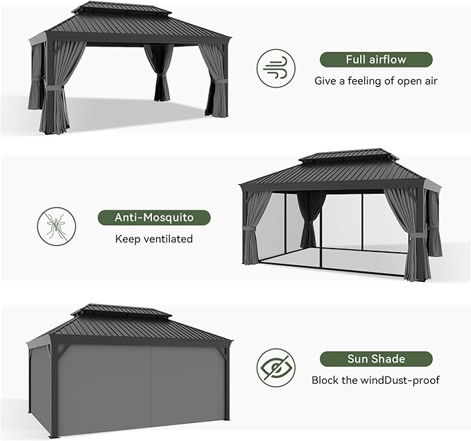 Aoxun 12' X 16' Permanent Hardtop Gazebo Aluminum Gazebo with Galvanized Steel Double Roof for Patio Lawn and Garden, Curtains and Netting Included, Grey