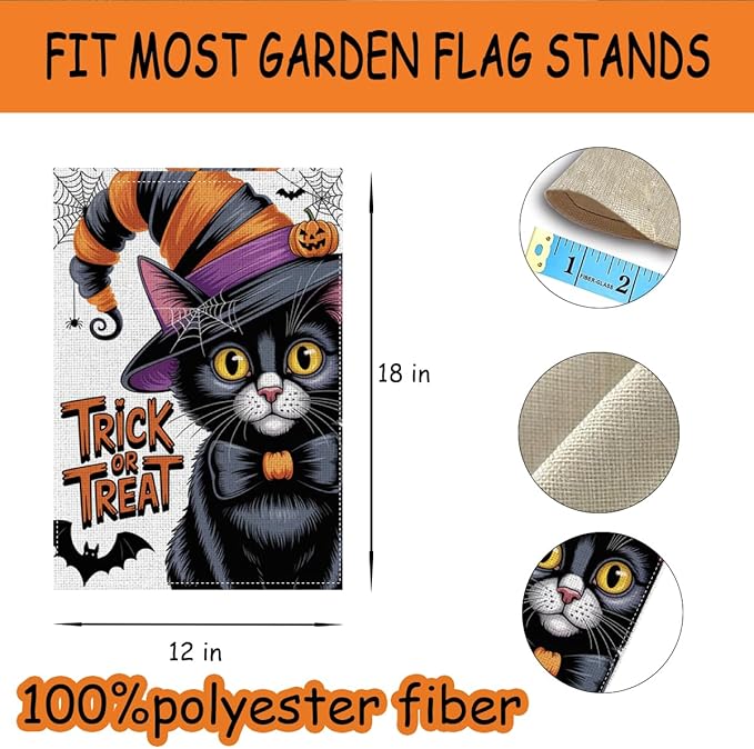 HTBIG Halloween Black Cat Garden Flags, Halloween Trick or Treat Decor, Yard Flags for Outside 12x18 inch, Outside Yard for Home Decorations
