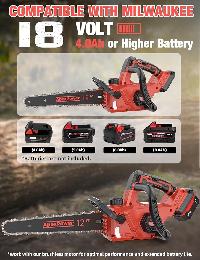 12 Inch Brushless Electric Chainsaw Cordless, Compatible with Milwaukee M18 Battery, Auto Oiler, 44.3 FT/S Powerful Cutting, Low Kickback, Battery Powered Chainsaw for Trees Pruning Wood Cutting