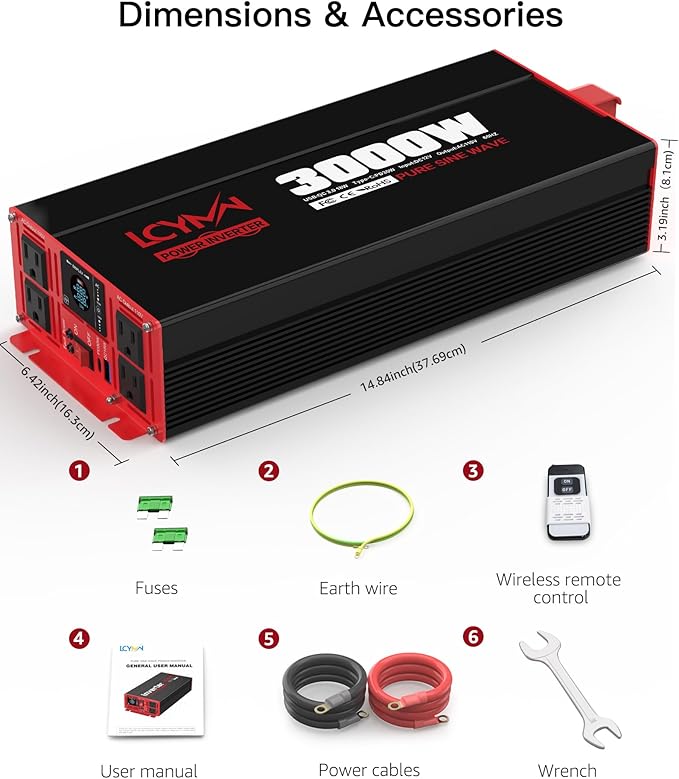3000 Watts Power Inverter Pure Sine Wave DC 12V to 110V/120V AC 6000W Peak Inverters with 4 AC Outlets Type-C PD30W QC3.0 USB Fast Charging Port Remote Control and LCD Display Solar Off-Grid Converter