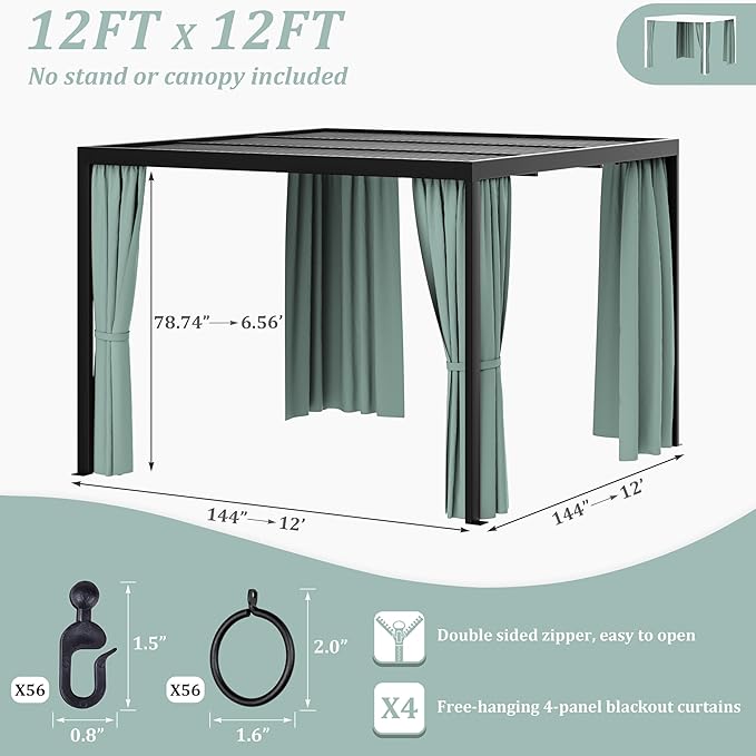 Gazebo Universal Replacement Privacy Curtain,12'×12' Gazebo Outdoor Waterproof Curtains, 4-Panels Sidewall Curtains with Double Zipper for Patio Canopy, Garden and Backyard (Curtain Only)