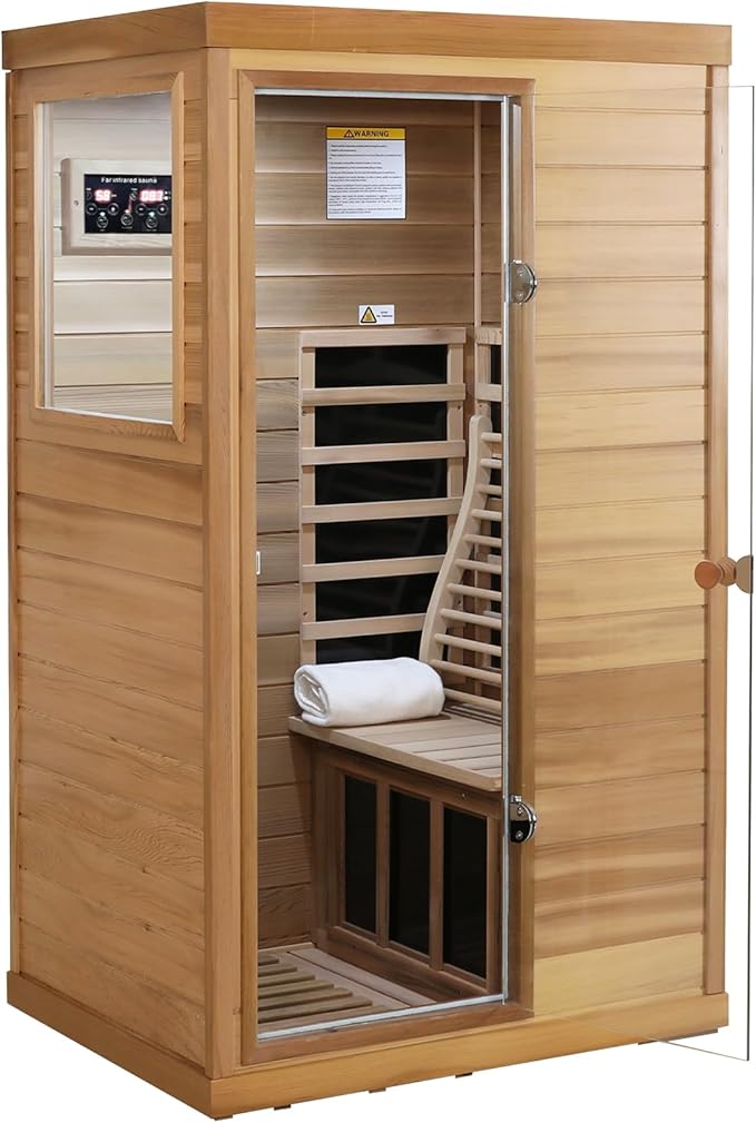 Infrared Sauna for Home, 1 Person Sauna Box, Low EMF 1050W/120V Indoor Sauna Spa with Control Panel & Bluetooth Speakers, LED Lamp, 63.42"x28.35"x62.60"