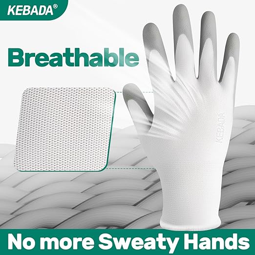 Kebada W1 Work Gloves for Men and Women, 12 Pairs Touchscreen Safety Gloves with Grip, PU-Coated, Ideal for Light & Medium Duty Tasks, White, Medium