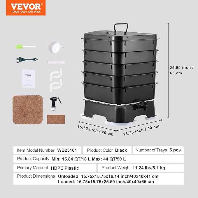 VEVOR 5-Tray Composter, 50L Worm Compost Bin - Indoor/Outdoor Worm Farm Kit for Food Waste Recycling, Vermicomposting & Vermiculture
