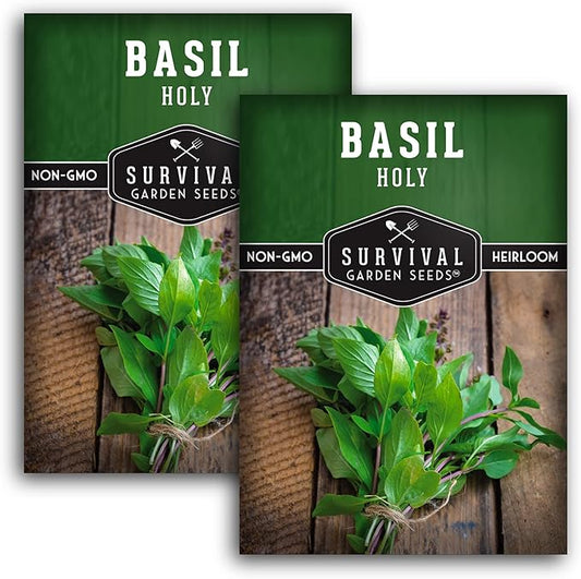 Survival Garden Seeds - Holy Basil Seed for Planting - 2 Packs with Instructions to Plant and Grow The Indian Sacred Herb Tulsi in Your Home Vegetable Garden - Non-GMO Heirloom Variety - Basil Plant