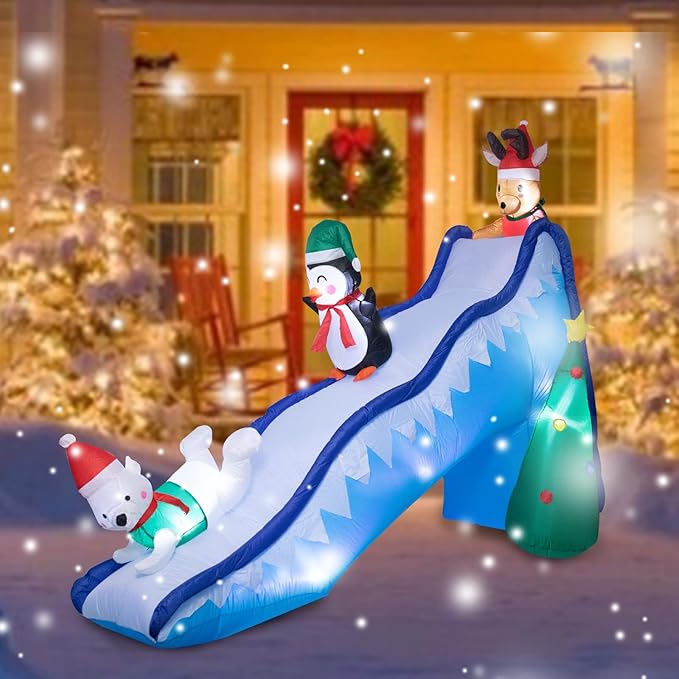 VCUTEKA Christmas Inflatables Outdoor Decorations - 9FT Inflatable Reindeer Penguin Polar Bear Christmas Tree Fun Trio Slide Scene Decor Blow Up Lighted for Holiday Yard Garden Lawn Xmas Decor