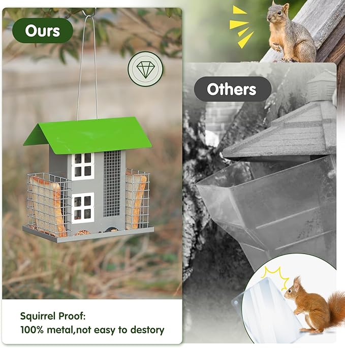 Metal Bird Feeders for Outdoors Wild Bird Feed with 2 Suet Cage Cake Squirrel Proof Hanging Feeder Large Capacity Wild Bird Feeder Easy Clean&Anti-Rust Attracting Birdhouse Green