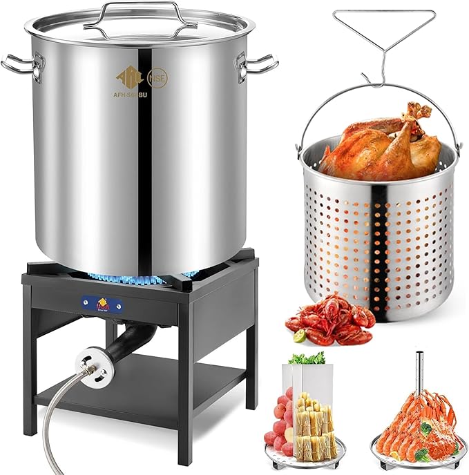 ARC 64QT Stainless Steel Pot with 200,000BTU Propane Fryer, Seafood Boil Pot, Crab Boil Pot, Lobster Pot, Shrimp Boil Pot, Tamale Steamer Pot with Basket and Turkey Fryer Burner