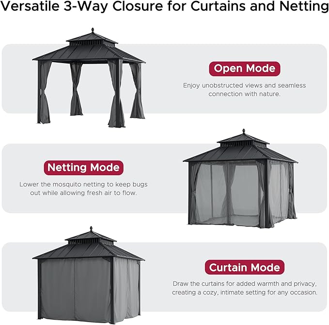 SUNJOY Kingston 10' x 10' Hardtop Gazebo with Galvanized Steel Double Roof, Curtain and Netting, Gray Aluminum Posts Permanent Pavilion Gazebo for Garden, Patio, Deck, Lawn