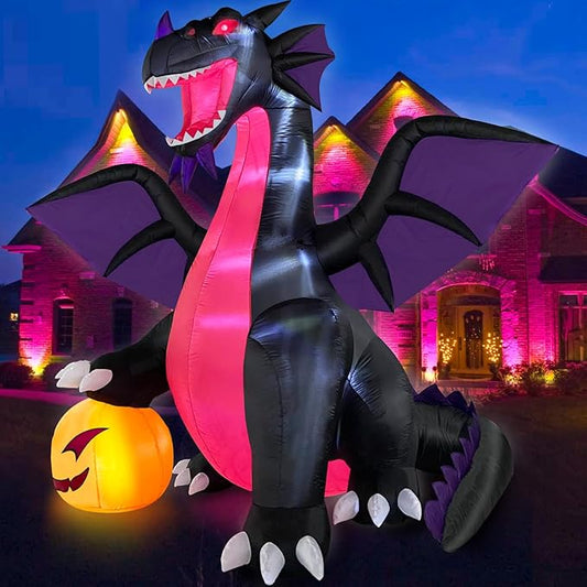 Danxilu 9FT Halloween Inflatable Dominating Dragon with Pumpkin Outdoor Decoration, Blow Up Yard Decoration with LED Lights Spooky for Halloween Fun Holiday Party Yard Garden Lawn Decor