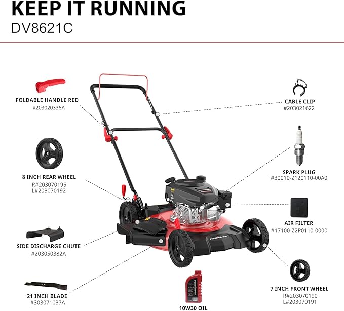 PowerSmart 21-Inch Gas Push Lawn Mower with 144cc 4-Cycle OHV Engine, 2-in-1 with Mulch and Side-Discharge, 6-Position Adjustable Cutting Height (DV8621C)