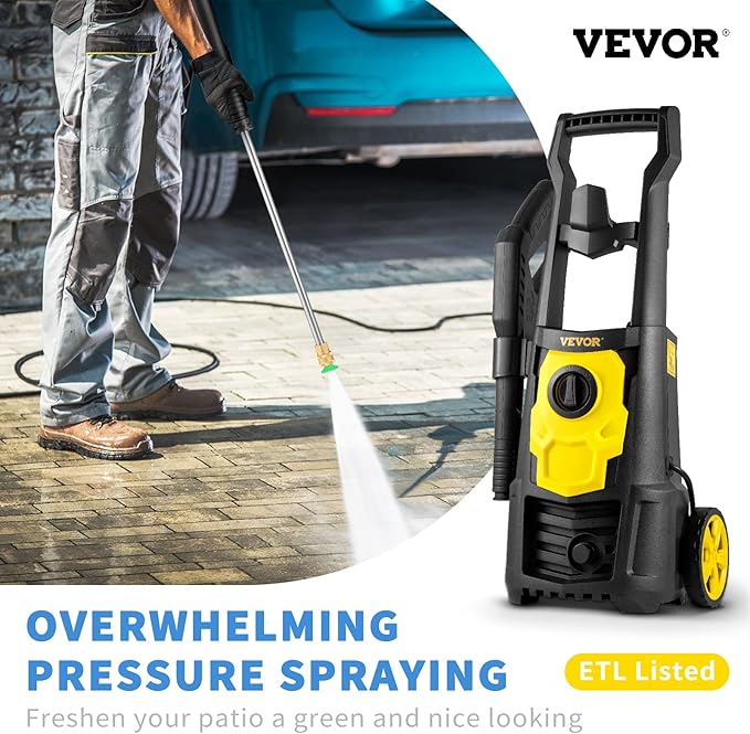 VEVOR Electric Pressure Washer, 2000 PSI, Max. 1.76 GPM Power Washer w/ 30 ft Hose, 5 Quick Connect Nozzles, Foam Cannon, Portable to Clean Patios, Cars, Fences, Driveways, ETL Listed